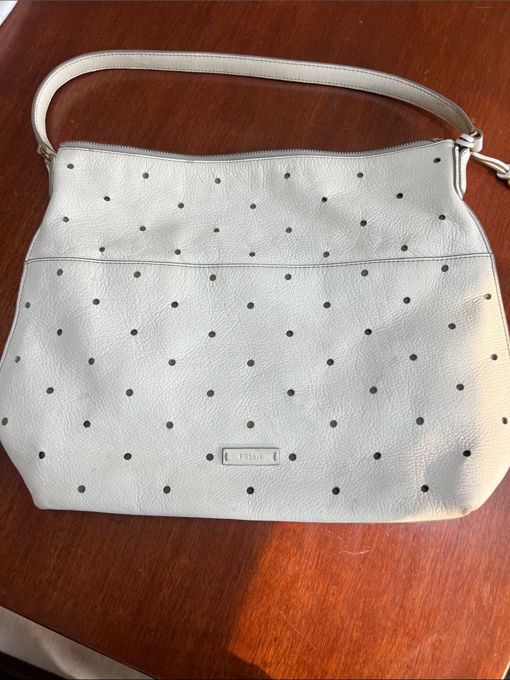 Fossil Ivory Leather Shoulder Bag with Perforated Dot Accents